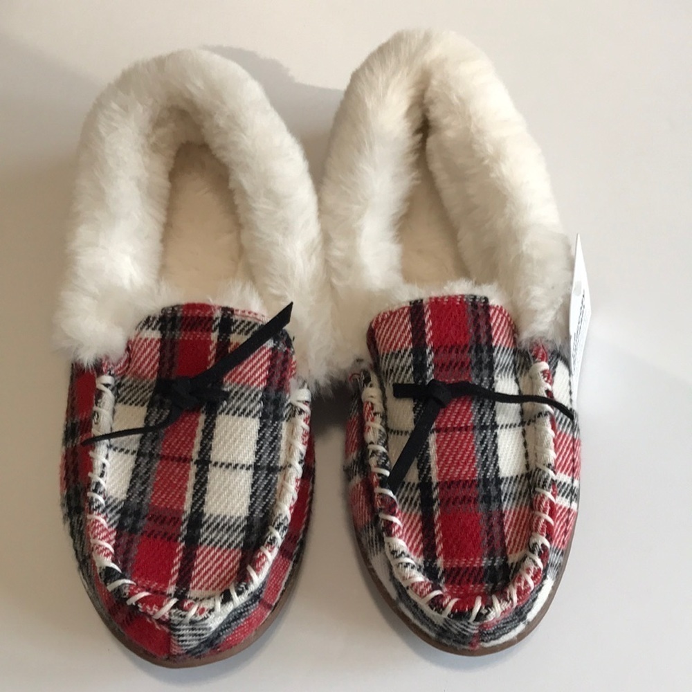 Sonoma Goods For Life Red Plaid Faux Fur Moccasin Slippers Women's S 5-6 NWT Bow